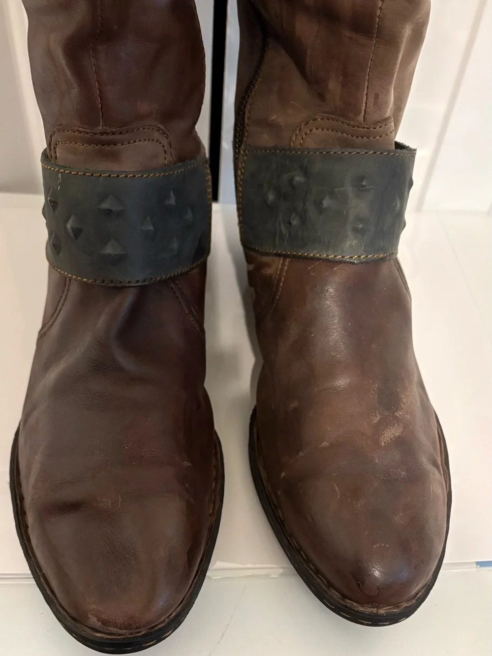 BORN, Two-Tone Brown Distressed Leather Knee-High Riding Boots